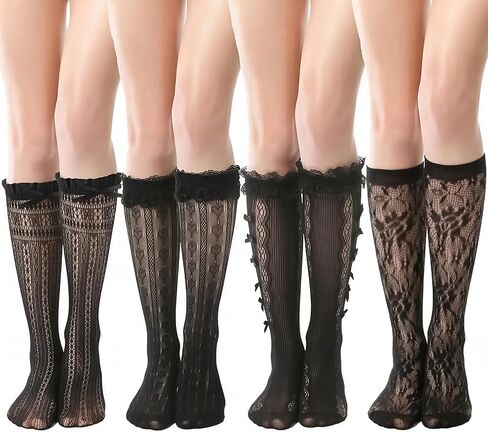 4 Pairs Women's Lace Knee High Socks, Pattern Hollow Fishnet Socks Sheer Knee High Stockings for Women (Black) in Kuwait