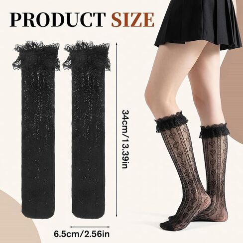 4 Pairs Women's Lace Knee High Socks, Pattern Hollow Fishnet Socks Sheer Knee High Stockings for Women (Black) in Kuwait