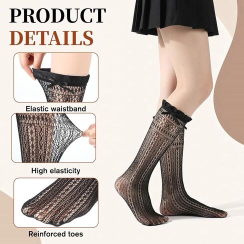 4 Pairs Women's Lace Knee High Socks, Pattern Hollow Fishnet Socks Sheer Knee High Stockings for Women (Black) in Kuwait