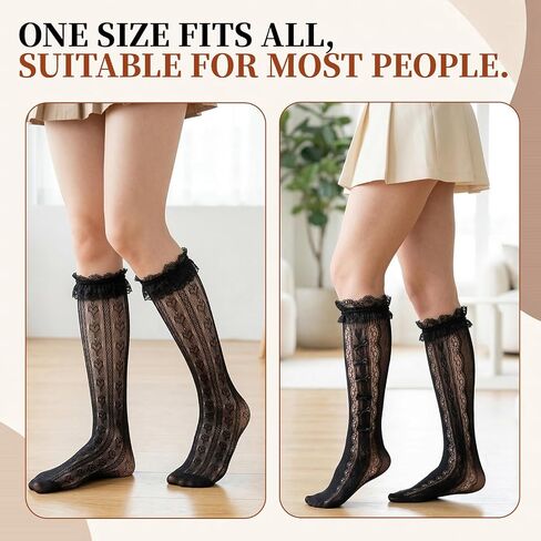 4 Pairs Women's Lace Knee High Socks, Pattern Hollow Fishnet Socks Sheer Knee High Stockings for Women (Black) in Kuwait
