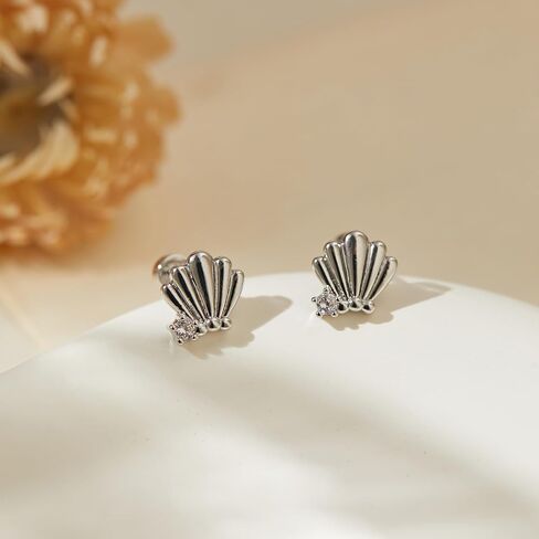FLECHAZO Flat Back Earrings for Women, Screw Back Seashell Blue CZ Stud Earrings, 316L Stainless Steel Post, Cartilage Helix Tragus Lobe Piercing Jewelry in Saudi Arabia