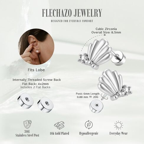 FLECHAZO Flat Back Earrings for Women, Screw Back Seashell Blue CZ Stud Earrings, 316L Stainless Steel Post, Cartilage Helix Tragus Lobe Piercing Jewelry in Saudi Arabia