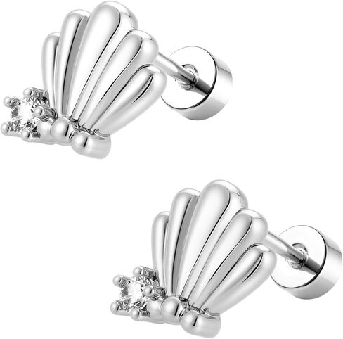 FLECHAZO Flat Back Earrings for Women, Screw Back Seashell Blue CZ Stud Earrings, 316L Stainless Steel Post, Cartilage Helix Tragus Lobe Piercing Jewelry in Saudi Arabia