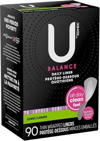 بطانات اللباس الداخلي المغلفة يوميًا من U by Kotex Balance، خفيفة الامتصاص، طويلة، 90 قطعة (قد تختلف التعبئة) in Kuwait