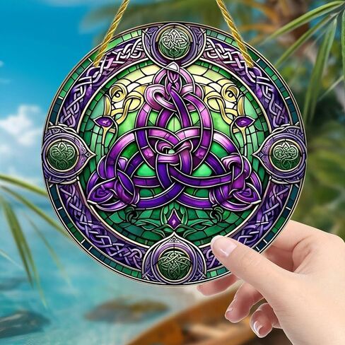 صائد الشمس الأكريليك الملون، زجاج ملون بعقدة سلتيكية مقاس 7 بوصات ديكور جداري لنافذة معلقة مع تصميم نمط الزجاج الملون المطبوع، فكرة هدية وحلية حديقة للاستخدام الداخلي والخارجي in Kuwait