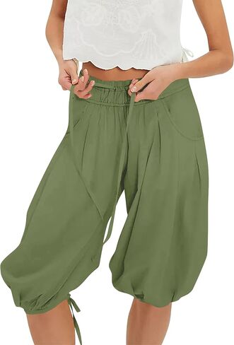 TERIVEEK Womens Wide Leg Pants Summer Baggy Harem Pants Palazzo Casual Loose Drawstring Waist Balloon Capri with Pockets in Saudi Arabia