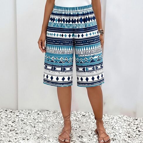 Summer Ethnic Print Elastic Waist Culottes Women Loose Casual Wide Leg Pants in Kuwait