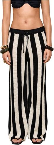 Women's Striped Knit Wide Leg Pants Comfy Casual Long Trousers in Kuwait