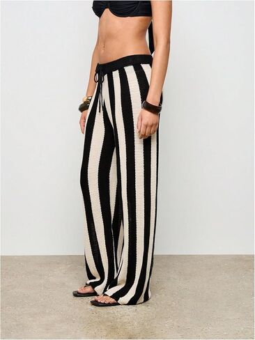 Women's Striped Knit Wide Leg Pants Comfy Casual Long Trousers in Kuwait