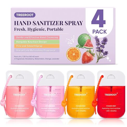 Treeroot 4-Pack Hydrating Hand Sanitizer Spray, Alcohol-Free Travel Size Pocket Sanitizer with Keychain Hook, Silver Ion Moisturizing Rinse-Free Hand Washcloths Sprayer, Women Travel Essentials in Saudi Arabia