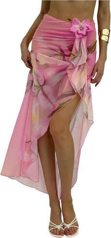 Verdusa Women's Boho Floral Ruffle Asymmetrical Skirt Thigh Slit Maxi Beach Skirt Vacation Outfits in Kuwait