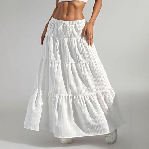 Women's Boho Flowy White Maxi Skirt Flared Ruffle Elastic Waist Summer A Line 2026 Spring Long Skirts in Kuwait