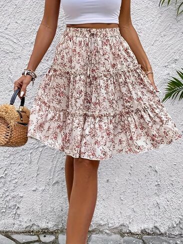 Floral Print Elastic Waist Skirt, Elegant Tiered Knee Length A-line Skirt for Spring & Summer, Women's Clothing in Kuwait