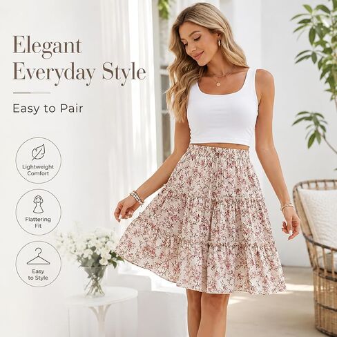 Floral Print Elastic Waist Skirt, Elegant Tiered Knee Length A-line Skirt for Spring & Summer, Women's Clothing in Kuwait