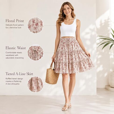 Floral Print Elastic Waist Skirt, Elegant Tiered Knee Length A-line Skirt for Spring & Summer, Women's Clothing in Kuwait