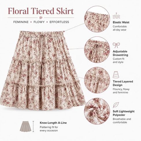 Floral Print Elastic Waist Skirt, Elegant Tiered Knee Length A-line Skirt for Spring & Summer, Women's Clothing in Kuwait