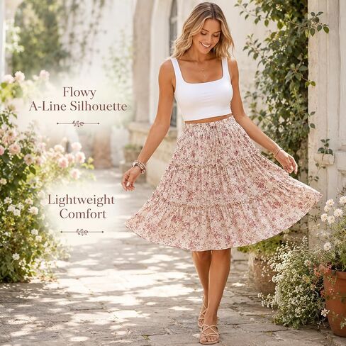 Floral Print Elastic Waist Skirt, Elegant Tiered Knee Length A-line Skirt for Spring & Summer, Women's Clothing in Kuwait