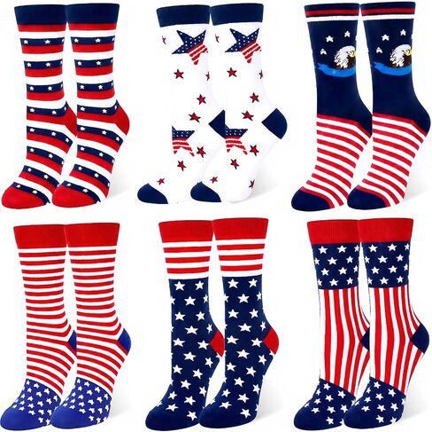 6 pairs 4th of July Socks USA Crew socks for Women Men Red White and Blue Patriotic Socks American Flag Outfits Accessories for Favors Independence Day Gifts in Kuwait