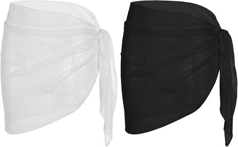 2PCS Bathing Suit Coverup Boho Beach Swimsuit Cover Up Swim Cover Ups for Women, Summer Short Sarong Coverups Mesh Sheer Bikini Chiffon Wraps Skirts for Casual Swimwear(Black, White) in Saudi Arabia