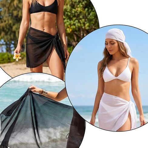 2PCS Bathing Suit Coverup Boho Beach Swimsuit Cover Up Swim Cover Ups for Women, Summer Short Sarong Coverups Mesh Sheer Bikini Chiffon Wraps Skirts for Casual Swimwear(Black, White) in Saudi Arabia