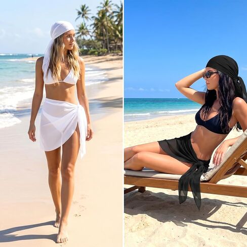 2PCS Bathing Suit Coverup Boho Beach Swimsuit Cover Up Swim Cover Ups for Women, Summer Short Sarong Coverups Mesh Sheer Bikini Chiffon Wraps Skirts for Casual Swimwear(Black, White) in Saudi Arabia