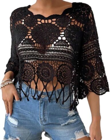 Women's Plain Fringe Trim Cut Out Sheer Cover Up, Boho Scallop Trim 3/4 Sleeve Round Neck Cover up for Beach in Saudi Arabia