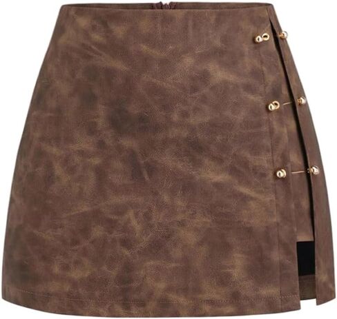 Milumia Women's Faux PU Leather Mini Skirt Button Side Slit Bodycon A Line Short Skirts in Kuwait