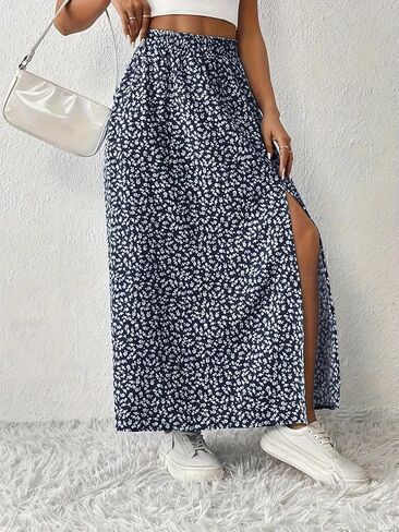 Women's Floral Print High Waist Midi Skirt with Side Slit, Flowy Summer Casual Half Skirt for Beach and Daily Wear in Kuwait