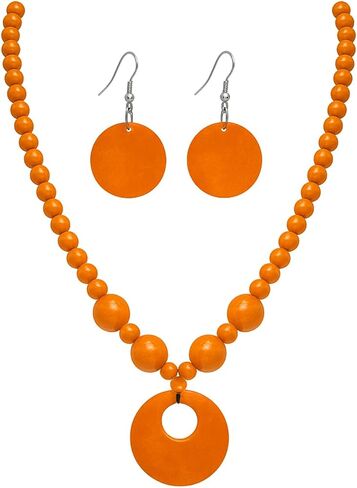 Vintage Wooden Beaded Necklace Earrings Set Boho Colorful Wood Beads Chunky Necklaces Handmade Ethnic Jewelry-orange in Saudi Arabia