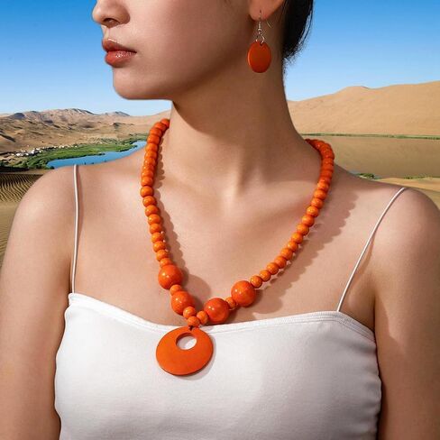 Vintage Wooden Beaded Necklace Earrings Set Boho Colorful Wood Beads Chunky Necklaces Handmade Ethnic Jewelry-orange in Saudi Arabia