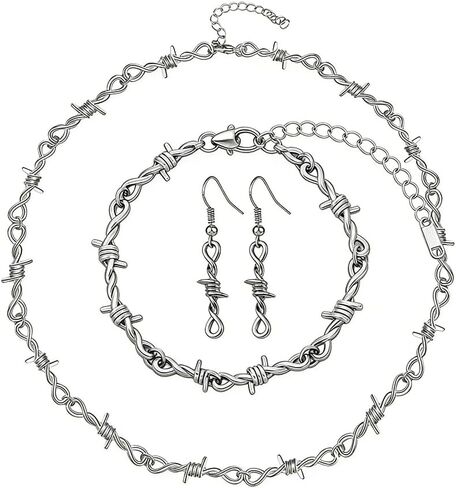 coadipress Barbed Wire Necklace Bracelet Earrings Set for Men Women Punk Thorns Barbed Wire Bracelet Grunge Barb Wire Necklace Hiphop Rock Goth Earrings Y2k Jewelry in Kuwait