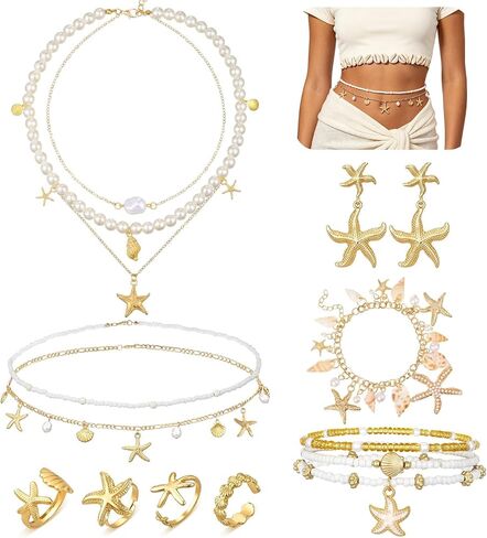 Beach Jewelry Set, Gold Pearl Seashell Starfish Waist Chain Layer Necklace Bracelets Earrings Rings Anklets Mermaid Costume Accessories in Saudi Arabia
