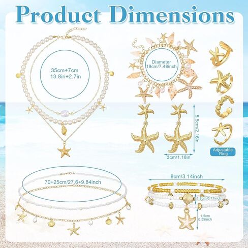 Beach Jewelry Set, Gold Pearl Seashell Starfish Waist Chain Layer Necklace Bracelets Earrings Rings Anklets Mermaid Costume Accessories in Saudi Arabia