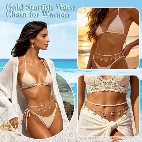 Beach Jewelry Set, Gold Pearl Seashell Starfish Waist Chain Layer Necklace Bracelets Earrings Rings Anklets Mermaid Costume Accessories in Saudi Arabia
