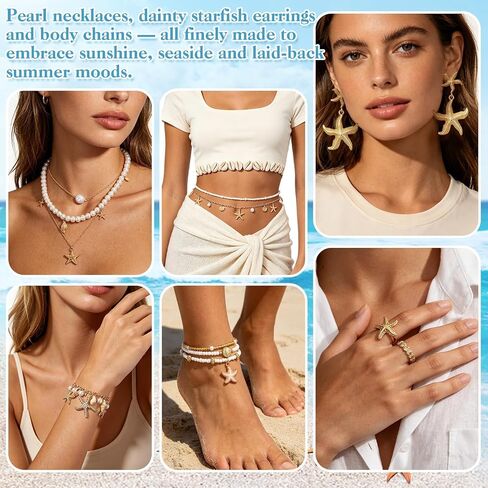 Beach Jewelry Set, Gold Pearl Seashell Starfish Waist Chain Layer Necklace Bracelets Earrings Rings Anklets Mermaid Costume Accessories in Saudi Arabia