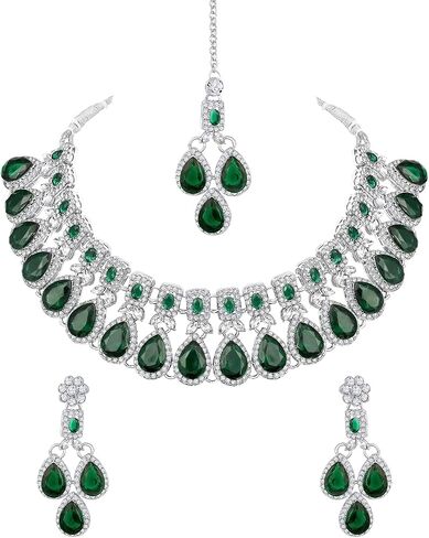 Parshwa Creation Indian Bollywood Silver Plated Jewelry Set, Wedding & Bridal Choker Necklace, Earrings & Tikka Fashion Jewelry For Women, Engagement & Party Wear Alloy, Resin Beads, Rhinestone Jewelry Set in Kuwait