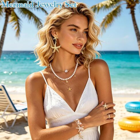 Beach Jewelry Set, Gold Pearl Seashell Starfish Waist Chain Layer Necklace Bracelets Earrings Rings Anklets Mermaid Costume Accessories in Saudi Arabia