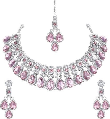 Parshwa Creation Indian Bollywood Silver Plated Jewelry Set, Wedding & Bridal Choker Necklace, Earrings & Tikka Fashion Jewelry For Women, Engagement & Party Wear Alloy, Resin Beads, Rhinestone Jewelry Set in Kuwait