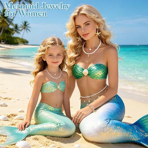 Beach Jewelry Set, Gold Pearl Seashell Starfish Waist Chain Layer Necklace Bracelets Earrings Rings Anklets Mermaid Costume Accessories in Saudi Arabia