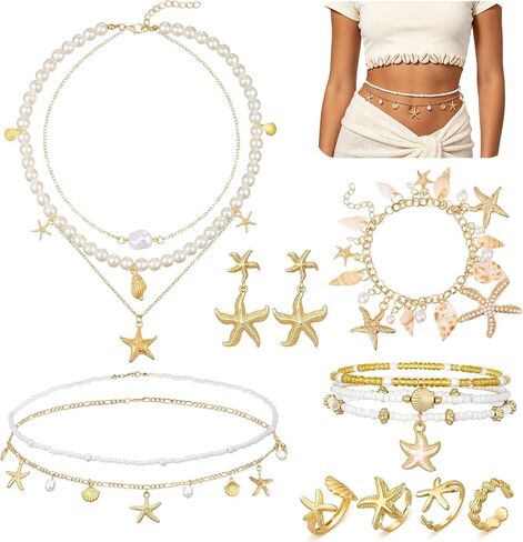 Beach Jewelry Set, Gold Pearl Seashell Starfish Waist Chain Layer Necklace Bracelets Earrings Rings Anklets Mermaid Costume Accessories in Saudi Arabia