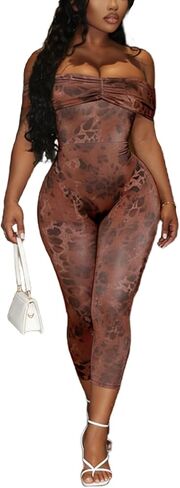 Womens Sexy Off Shoulder Jumpsuit Leopard Print Mesh Backless Sleeveless Bodycon Romper Y2K Party Club Outfit Going Out in Saudi Arabia
