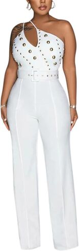 Hotheart Womens Sexy One Shoulder Sleeveless High Waist Belted Wide Leg Jumpsuit Nightclub Jumpsuit Rompers White in Saudi Arabia