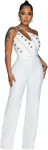 Hotheart Womens Sexy One Shoulder Sleeveless High Waist Belted Wide Leg Jumpsuit Nightclub Jumpsuit Rompers White in Saudi Arabia
