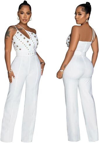 Hotheart Womens Sexy One Shoulder Sleeveless High Waist Belted Wide Leg Jumpsuit Nightclub Jumpsuit Rompers White in Saudi Arabia