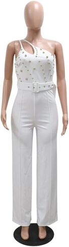 Hotheart Womens Sexy One Shoulder Sleeveless High Waist Belted Wide Leg Jumpsuit Nightclub Jumpsuit Rompers White in Saudi Arabia