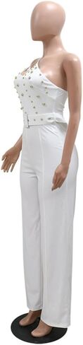 Hotheart Womens Sexy One Shoulder Sleeveless High Waist Belted Wide Leg Jumpsuit Nightclub Jumpsuit Rompers White in Saudi Arabia