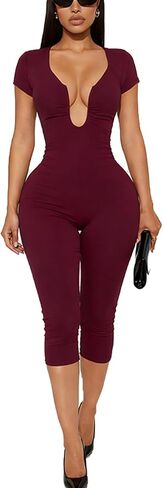 Sexy Jumpsuits Cut Out U Neck Short Sleeve Top Capri Pants Romper One Piece Capri Jumpsuits Going Out Casual Outfits in Saudi Arabia