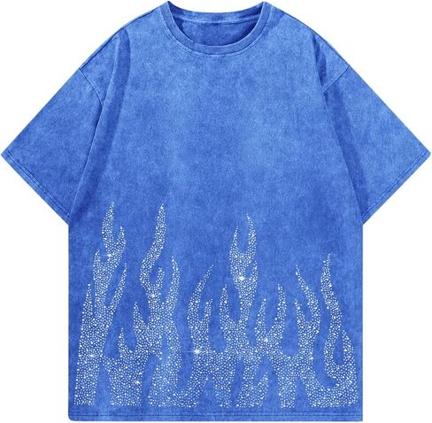 Tuislay Men's Oversized Graphic Tees Rhinestone Flame Shirt Streetwear Grunge Acid Wash Tshirt Baggy Vintage T Shirts Y2k Top in Saudi Arabia