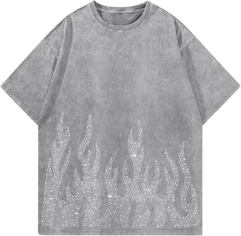 Tuislay Men's Oversized Graphic Tees Rhinestone Flame Shirt Streetwear Grunge Acid Wash Tshirt Baggy Vintage T Shirts Y2k Top in Saudi Arabia