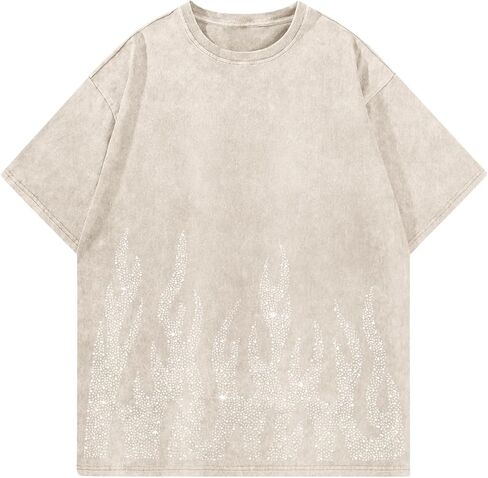 Tuislay Men's Oversized Graphic Tees Rhinestone Flame Shirt Streetwear Grunge Acid Wash Tshirt Baggy Vintage T Shirts Y2k Top in Saudi Arabia